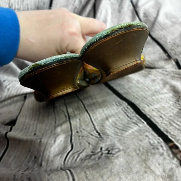 Vintage Ornate Brocade Bow Low Heel House Jacquard Slippers Gold Teal AS IS 10.5 - Picture 7 of 8